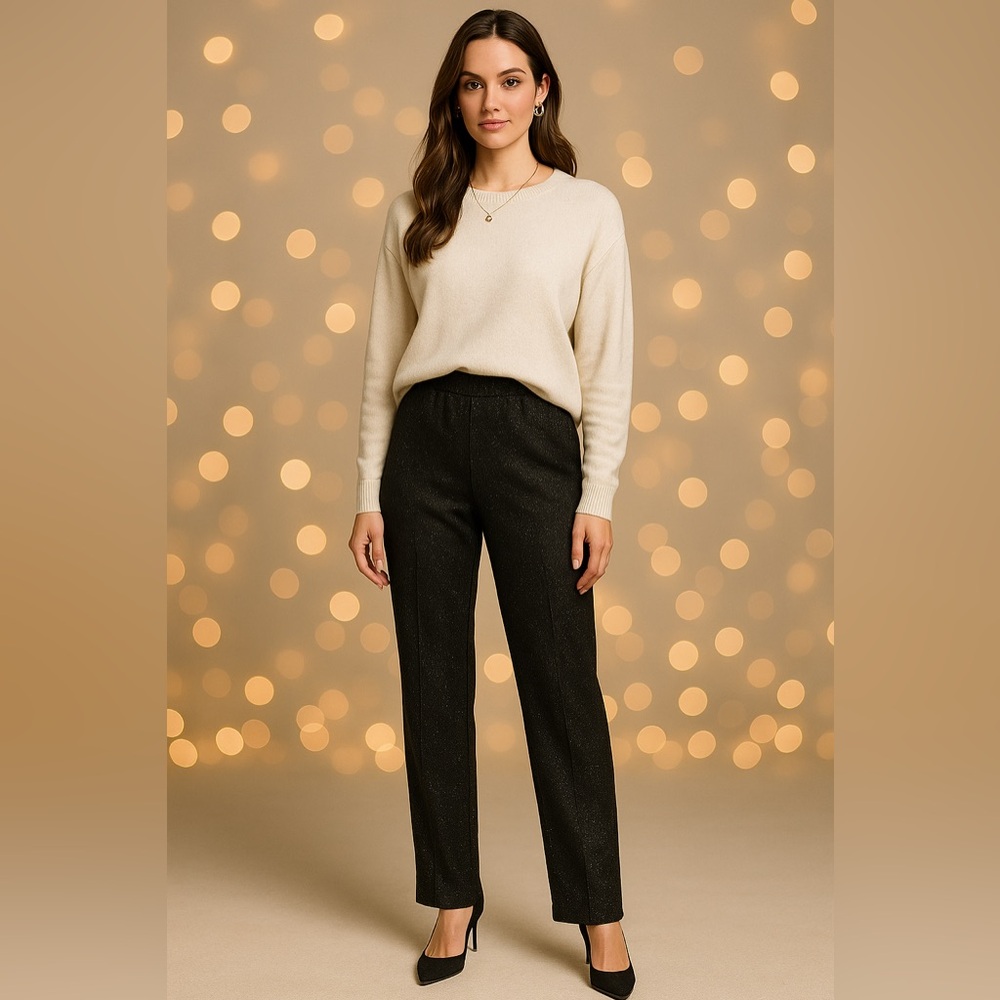 Elizabeth & Nicole Metallic Black Pull-On Dress Slacks L Holiday Party Pants